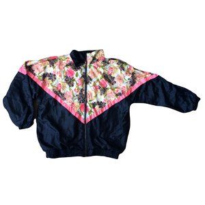 Basic Editions Womens XL Black Pink Floral Print Windbreaker Track Jacket